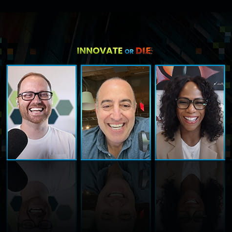 a video frame from the Innovate or Die podcast showing the two hosts and Pamela Garmon-Johnson a video frame from the Innovate or Die podcast showing the two hosts and Pamela Garmon-Johnson